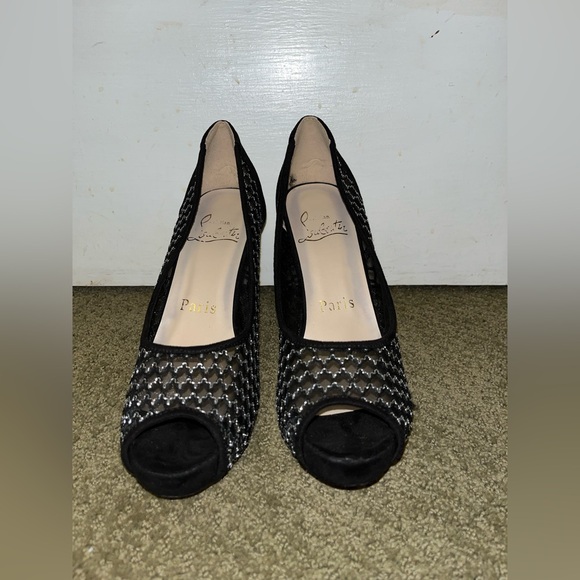 Christian Louboutin Black Mesh Peep Toe Heels with the signature Red Soles - Picture 3 of 8